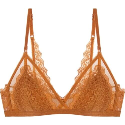 Sexy French Lingerie Deep V Lace Triangle Cup Bra Mesh Patchwork Thin Cotton Lined Cross Backless Wireless Bra Underwear Women