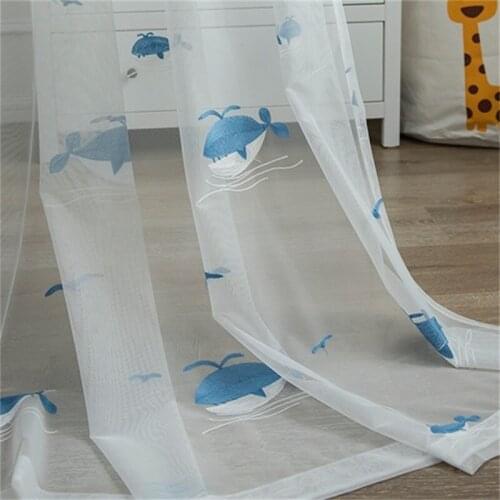 Blue Whale Curtains Embroidered Children Curtains Sheer Kids Curtains for Living Room Bedroom Baby Room Tulle White Voile 414#4
