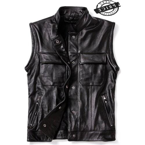 TcyeekGenuine Leather Vest Men Real Cowhide Coat Motorcycle Jacket Man Vests Male with Many Pockets Leather Jackets L-M-3 2a02