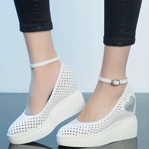 Chunky Platform Mary Janes Women Genuine Leather Wedges High Heel Pumps Shoes Female Summer Round Toe Oxfords Shoes Casual Shoes