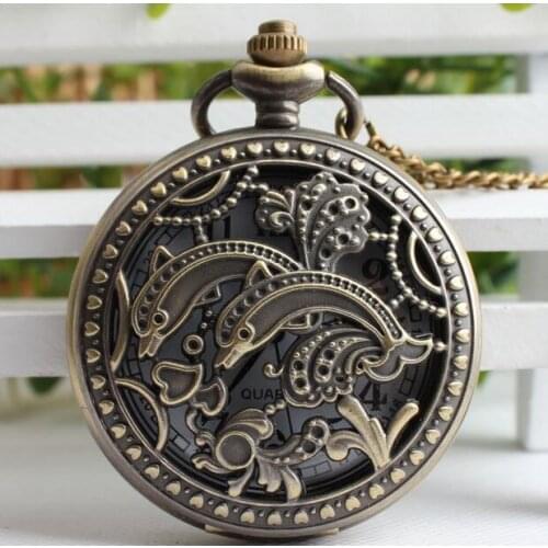 Vintage classic dolphins Hollow out quartz men and woman gift pocket watches fob chain watches