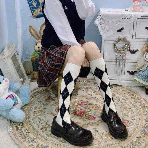 Japanese JK Uniform Lolita Diamond Stockings Female Spring and Summer Tide Socks Black and White Retro Boots Cotton Calf Socks