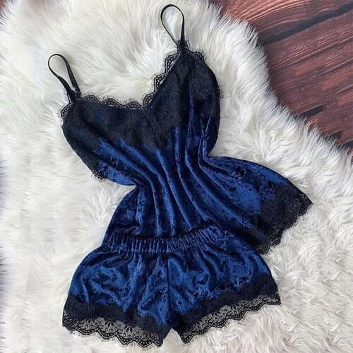 2021 Women Hollow Sling Pajamas See-Through Mesh Lace Dress V-Neck Mesh Summer Pajamas Bow Print Shorts 6 Erotic Fun Suits
