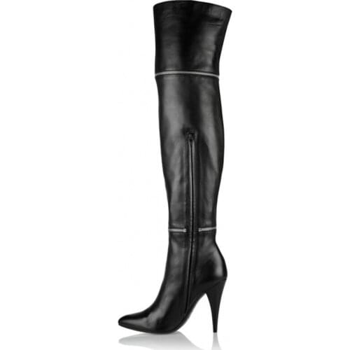 2021 Hot Selling Women Black Leather Winter Fall Over the knee Long Boots Zipper Decoration High heel Shoes