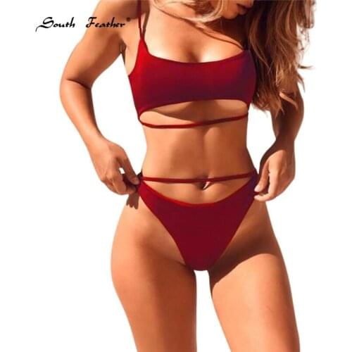 South Feather Sexy Women Two-Piece Bikini Set Solid Swimsuit Women Bandage Push-Up Padded Bra Brazilian Swimwear Bather Suit