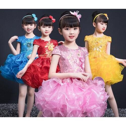 4 colors Girls Sequined Ballet Dancewear dress Kids Party Ballroom Stage dancing Dress Childrens Performance Jazz tutu dress