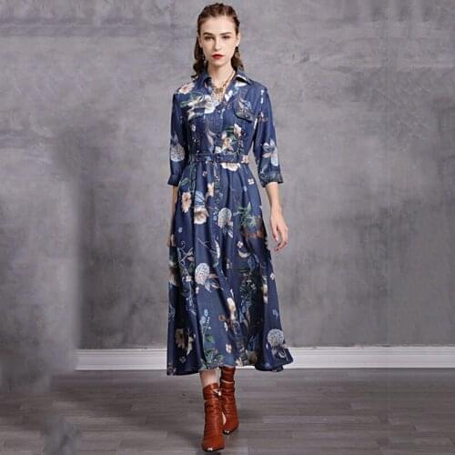 SeeBeautiful Flower Printed Loose Denim Dress Lapel Half Sleeve Single Breasted Pockets Belt New Fashion 2021 Spring Women E227