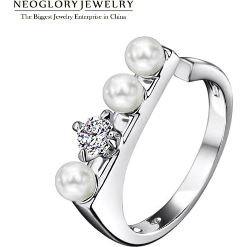 Neoglory White Zircon Simulated Pearl Charm Adjustable Engagement Wedding Rings for Women Jewelry 2020 New Wedj