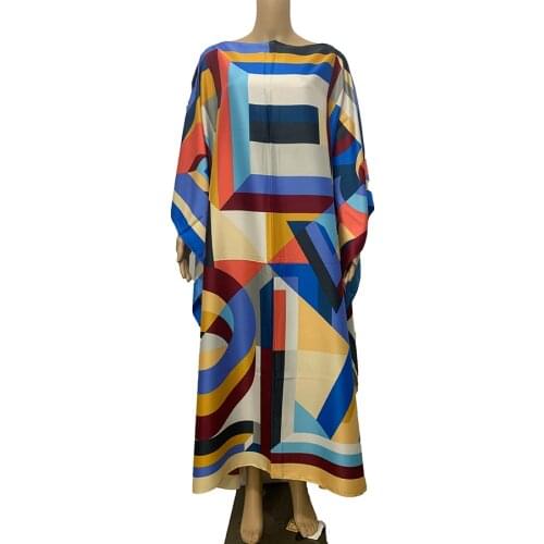 Kuwait Fashion Blogger Recommend colorful Graffiti printed Bohemian Silk maxi dress loose batwing sexy Lady beach party kaftan
