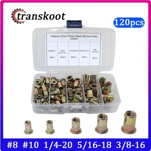 Transkoot 120pcs Zinc Plated Carbon Steel Knurled Nuts Rivnut Flat Head Threaded Rivet Insert Nutsert Cap Rivet Nut