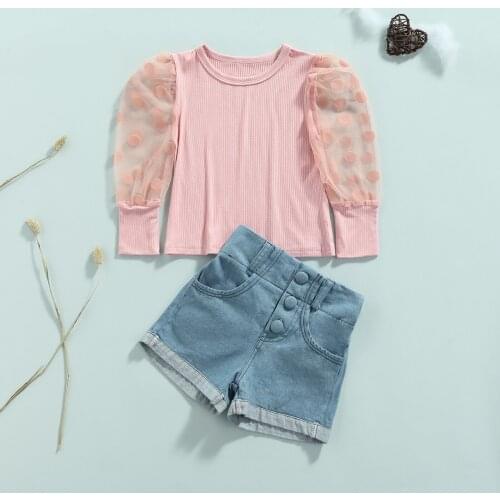 2Pcs Sweet Style Little Girls Outfit Cute Infant Girls Dot Mesh Splicing Puff Long Sleeve Round Collar Rib Tops+Denim Shorts Set