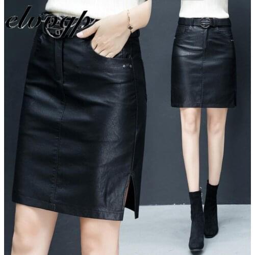 2020 Autumn Winter Elegant Ol A-line Midi Skirts High Waist Black Pu Leather Split Sheath Wrap Skirts With Belt Female Plus Size