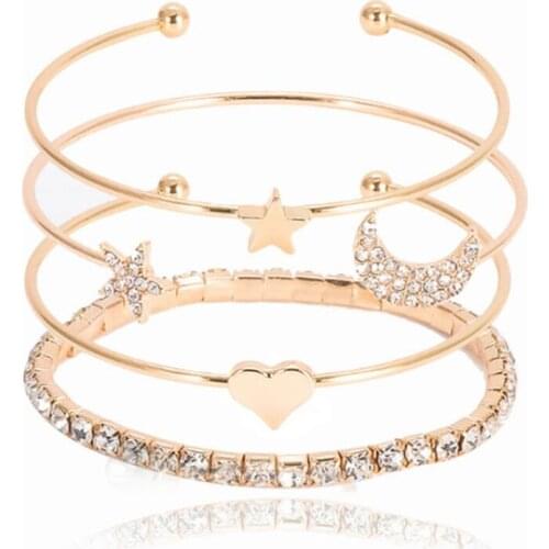 2021 Fashion Womens Four-piece Combination Adjustable Opening Rhinestone Bracelet Simple Star And Moon Peach Heart Bracelet