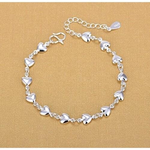 925 Sterling Silver Heart Charm Bracelet &Bangle For Women Girls Party Wedding Accessories Jewelry A183