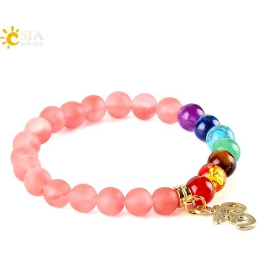 CSJA 8mm Women Bracelets 7 Chakra OM Buddha Charms Natural Lava Black Onyx Round Beads Mala Meditation Healing Men Jewelry E444
