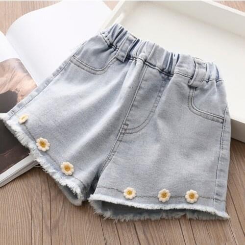 2021 Hot Summer New Fashion 2 3 4 5 6 7 8 9 10 Years Children Clothing Flower Decoration Pocket Denim Shorts For Baby Kids Girls