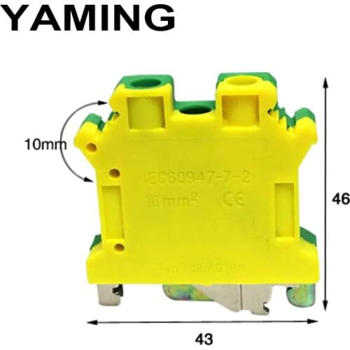 10pcs/lot USLKG-10 UK10N 10mm2 Square 800V 61A Group Type Yellow Green Ground Terminal Blocks Connection DIN Rail Universal