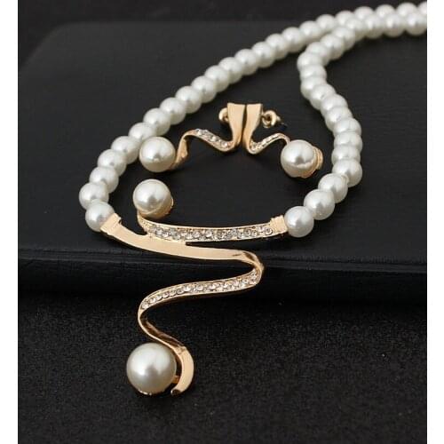 Dainty Female White Pearl Jewelry Set Charm Rose Gold Color Stud Earring For Women Cute Zircon Stone Wedding Ring Chain Necklace