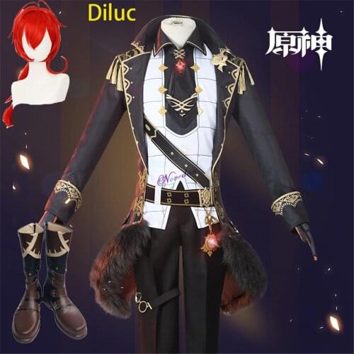 Game Genshin Impact Diluk Cosplay Costume Diluc Genshin Cosplay Outfit Shoes Wig Anime Halloween Costume For Men