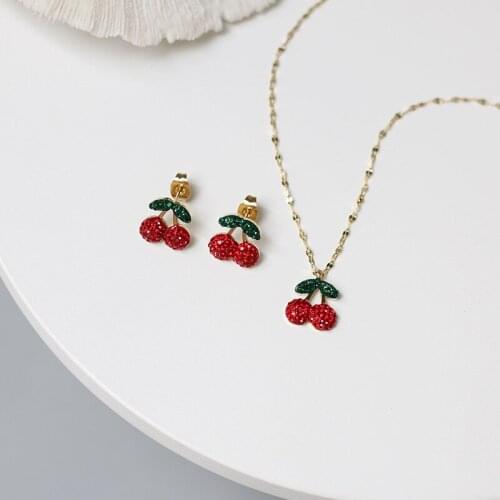 MODAGIRL Red Stone Earrings Necklace Set Cute Gold Cherry Fruit Jewelry Set Stainless Steel Jewelry Woman Birthday Gift