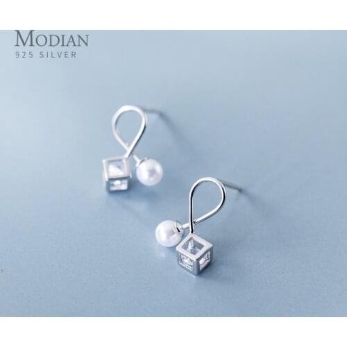 Modian 3D Square Stud Earrings for Women Geometric Simple 925 Sterling Silver Fashion Jewelry Statement Engagement Gift