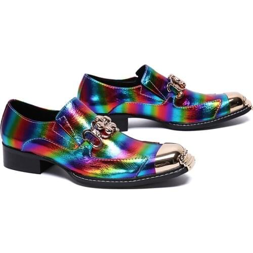 Fashion rainbow men shoes sepatu pria Genuine Leather Slip On Social Party Dress Shoes Cowboy Runway Club Formal Dress Shoes Men