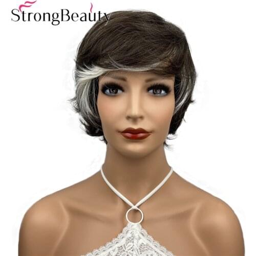 StrongBeauty Short Straight Wigs Grey Hair White Bangs Synthetic Women Wig Heat Resistance