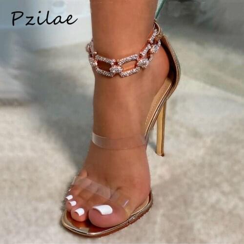 Pzilae New Fashion Sandals Ankle Crystal Rhinestone Chain Design PVC Transparent Women Shoes Summer Party Wedding Shoes Zipper