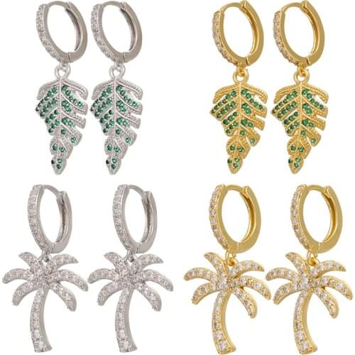 ZHUKOU 1 piece Cute CZ crystal Tree/leaves small hoop earrings for women gold/silver color plants charms earrings model:VE235