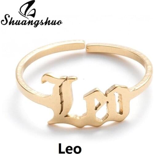 Shuangshuo Retro Stainless Steel Zodiac Sign Rings for Women 12 Constellation Letter Finger Ring Leo Virgo Aries Fashion Jewelry