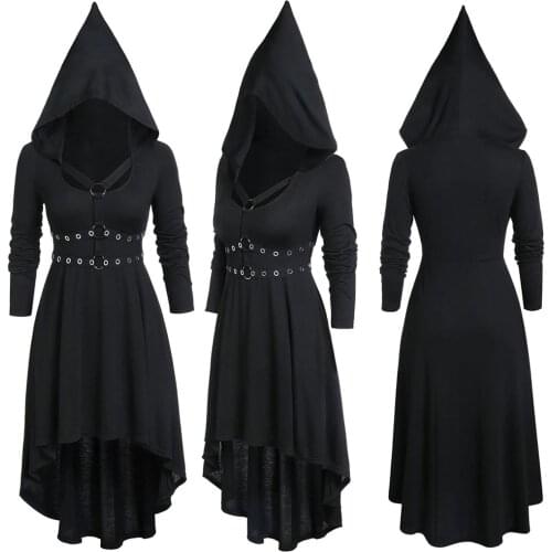 Mediaeval Gothic Steampunk Dress Hooded Long-sleeved Robe Halloween Adult Women Men Cosplay Costume Vampire/wizard Black Jacket