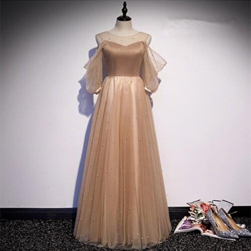 Robe De Soiree A-Line Champagne Gold Evening Dresses Long Dress Formal Dress Vestido De Festa Scoop Neck Pearls Evening Dress