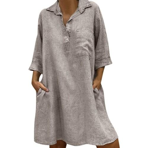 Spring Women Dresses Girl CA Boho Turn-Down Collar Casual Pocket Female Button Solid Vintage Casual Green Loose Linen Vestidos