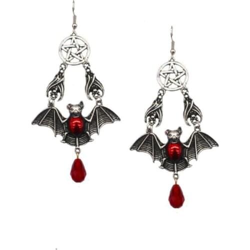 Vintage Red Vampire Bat Pendant Drop Earrings Gothic Victorian Charm Jewelry