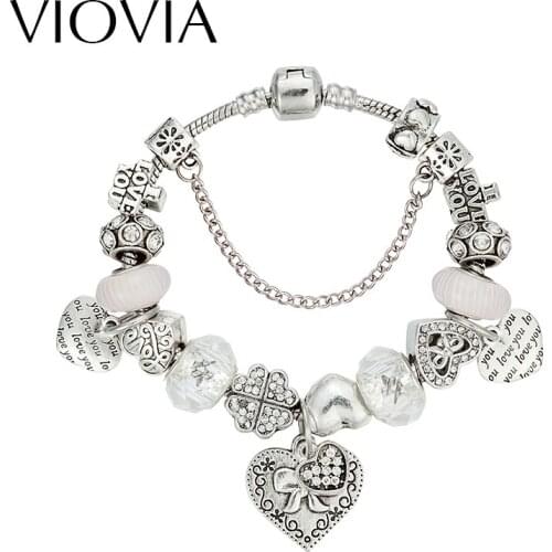 VIOVIA Fashion Women Bracelet Silver Color Crystal Bead Heart Charm Bracelets For Women Jewelry Bracelets Loves Gift B16145