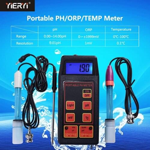 Yieryi 3-in-1 High Accuracy Portable pH/mV/Temp Meter + Replaceable pH & ORP Electrodes + Temperature Probe