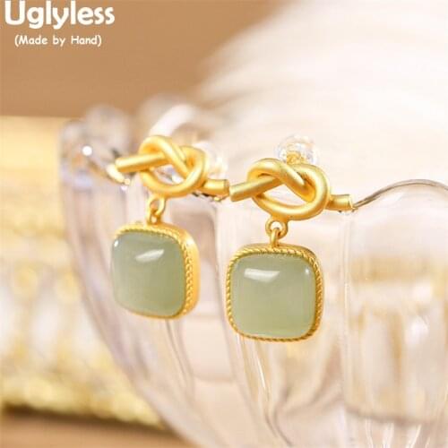 Uglyless Hand-woven Knots Earrings Women Square Natural Jade Earrings Gold Gemstones Studs 925 Silver Gemstones Fashion Jewelry