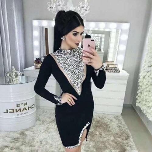 Luxury Shining Beading Fashion Celebrity Show Cocktail Party Dress High Quality Women Long Sleeve Bodycon Split Bandage Dresses