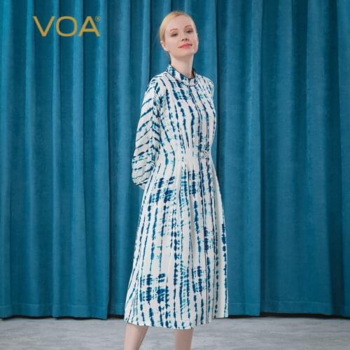VOA 30m/m Silk Half High Collar Thread Embroidered Lantern Sleeve White Bottom Yin Blue Vertical Stripe Gradient Dress AE501