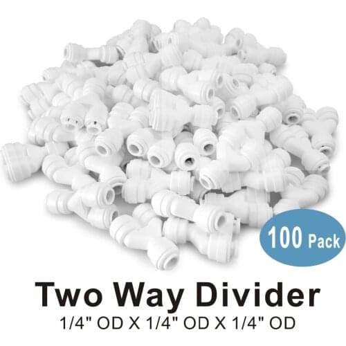 100 PACK OF Two Way Divider 1/4" Quick Fitting Connector for Water Filters and RO Reverse Osmosis Systems