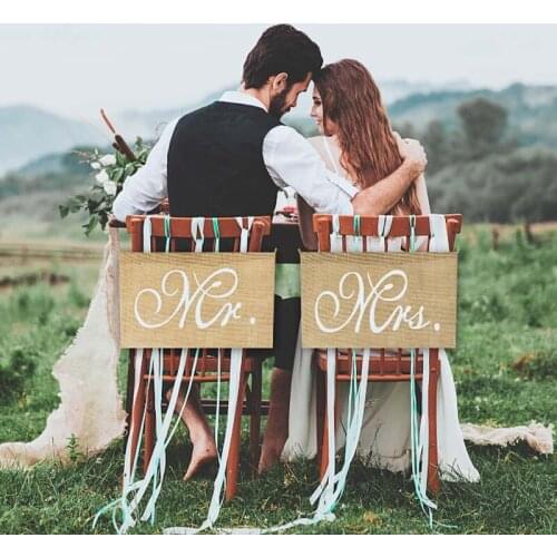 2Pcs Mr Mrs Burlap Chair Banner Rustic Vintage Hanging Chair Sign Flag Wedding Party Favors Photo Props Home Decoration Supplies