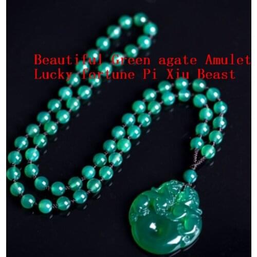 Lucky Foo Dog Beast Amulet Green agate PI Xiu Pendant with agate Bead Necklace mascot