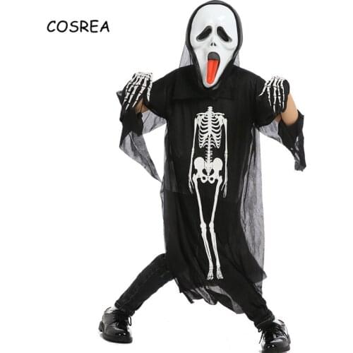 Adult Children Kids Ghost Cosplay Costumes Horrible Halloween Carnival Masquerade Skull Skeleton Demon Dress Robes Scary Mask
