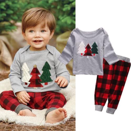 New Year Kids Baby Boy Long Sleeve Christmas Clothes Set T-shirt+Plaid Pants 2PCS Outfits Xmas Children Clothing Wholesale