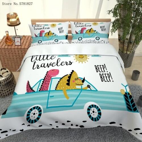 2/3 Pieces Dinosaur Drive Car Bedding Set 3D Print Funny Cartoon Duvet Cover Set For Boys Girls Bed Quilt Cover Home Bedspread