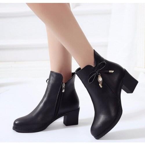 New fashion Women Boots Black Leather Ankle Boots For Women Bow High Heel Boots Autumn Female Shoes Size 35-41 Botas