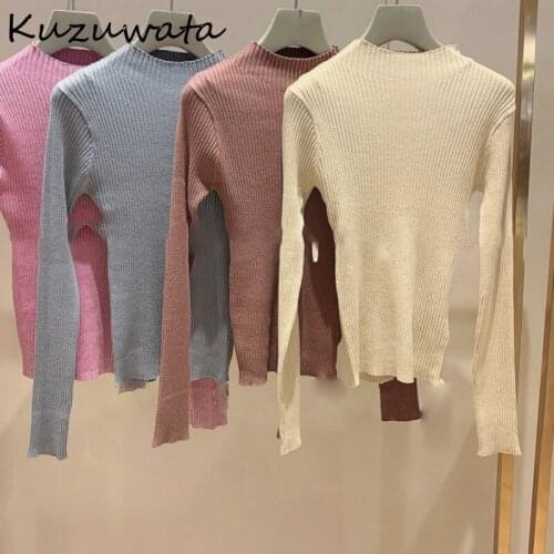 Kuzuwata Solid Color Half-high Collar Knitted Pullovers Autumn Winter Simple All-match Sweaters New Chic Slim Fit Femme Tops