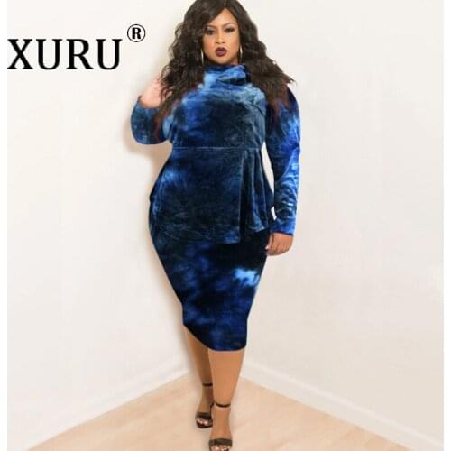 XURU Autumn and Winter Tie-Dye Printed Dress Womens Classic Explosion Bowknot Long Sleeve Large Size Dress