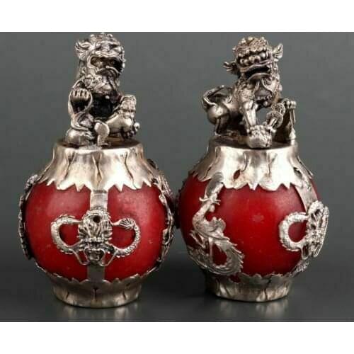 A Pair Chinese Old Tibet Silver Hand Carved Armor Jade Dragon Lion Statue Home Accessories Car Decoration Collection Ornaments