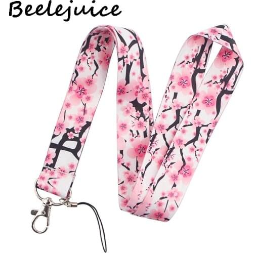 Pink Flowers Plum Blossom Neck Strap Lanyards ID badge card holder keychain Mobile Phone Strap Gift Ribbon webbing necklace
